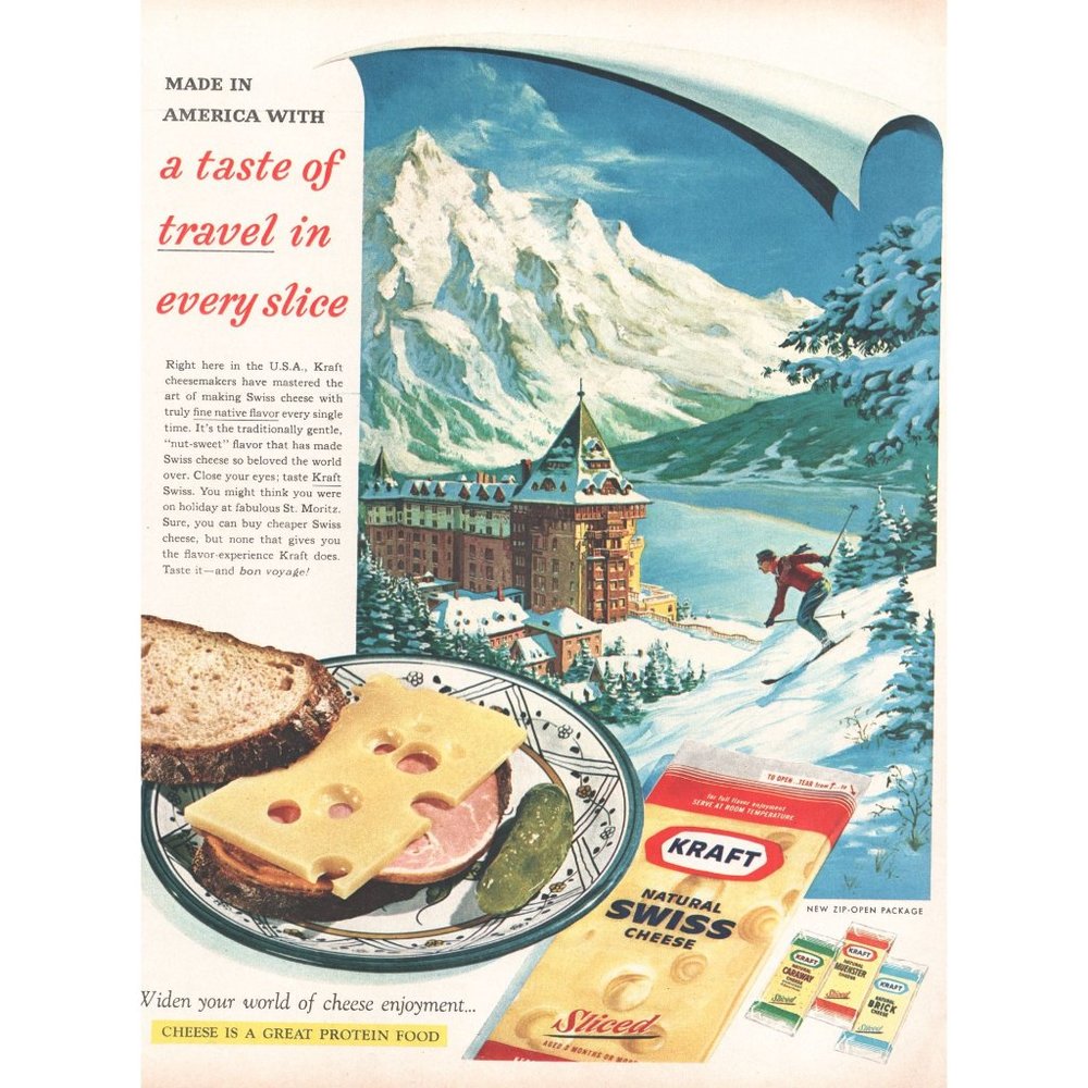 1961 Kraft Swiss Cheese Vintage Print Ad St Moritz Switzerland Alps Skiing Hotel